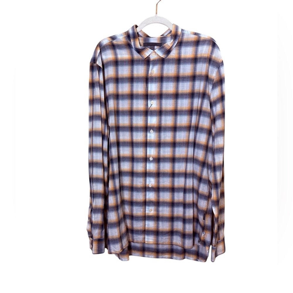 John Varvatos Mens Blue Stream Lightweight Cotton Button Front Check Shirt Sz XL